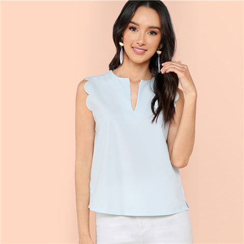 Blue Casual Minimalist Scallop Trim Shell V Collar And Round Neck Sleeveless Summer Shirt Women Tops And Blouses