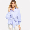 Blue Pastel Striped Elegant Lantern Sleeve Self Belted Shirt Button Knot Bishop Sleeve Placket Blouse Women Autumn Tops