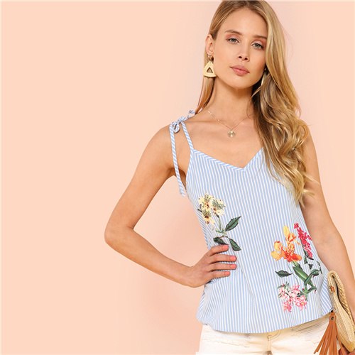 Blue Vacation Bohemian Beach Self Tie Floral Print Striped V Neck Spaghetti Strap Cami Top Summer Women Sexy Casual Vest