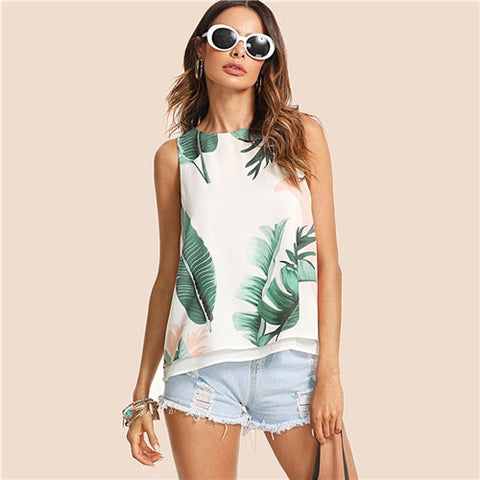 Bohemian Vacation Multicolor Women Tank Top Streetwear Tropical Print High Low Round Neck Boho Summer Top