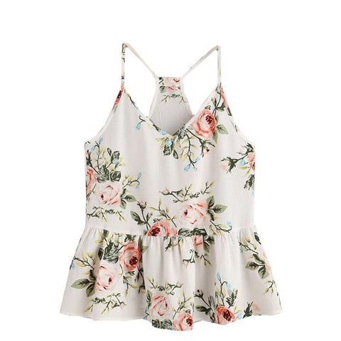 Boho Women Tops Summer Ladies Spaghetti Strap Camisole Rose Cluster Print Peplum Racerback Cami Top