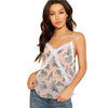 Chiffon Summer Top Pink Spaghetti Strap Floral Top for Women Contrast Lace Trim V Neck Botanical Cami Top
