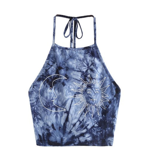 Crop Tops Women Sleeveless Top Women Navy Tie Dye Print Halter Neck Top Summer Camisole Sexy Tops For Women Camis