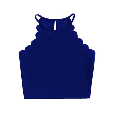Crop Tops Women Solid Blue Scallop Trim Halter Top Summer Women's Sleeveless Camisole Women Sexy Top