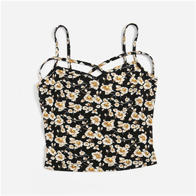 Cropped Women Tops Multicolor Floral Spaghetti Strap Women Sexy Crop Top Ditsy Print Crisscross Front Cami Top