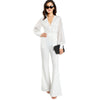 Deep V Neck White Jumpsuit Women Mid Waist Plunging Pearl Embellished Bishop Sleeve Elegant Flared Jumpsuit