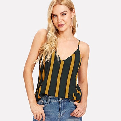Double V Neck Striped Cami Top Spaghetti Strap Casual Women Sexy Striped Top 2022 Summer Multicolor Backless Camisole Tops