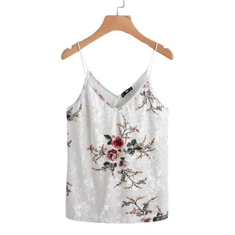 Dual V Neck Floral Velvet Cami Top Spaghetti Strap Casual Women Velvet Top Summer Sexy White Camisole Tops