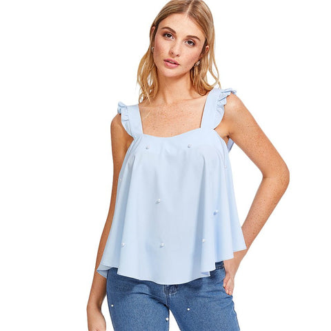 Fashion Pearl Beading Embellished Top Blue Square Neck Clothing Women Plain Vest 2022 Summer Female Casual Top Vest