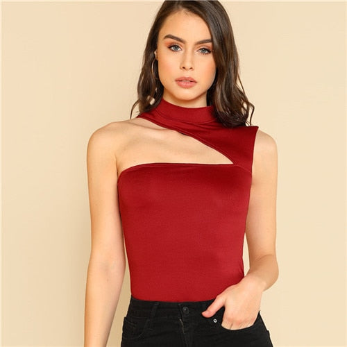 Fashion Summer Slim Fit Stretchy Sexy Red Crop Top Party 2022 Women Stand Collar Asymmetric Cutout Sleeveless Tank Tops