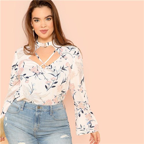 Floral Print Elegant Long Bell Sleeve Plus Size Office Lady Blouse Autumn Fashion Crisscross Cut Out Neck Shirt Blouses