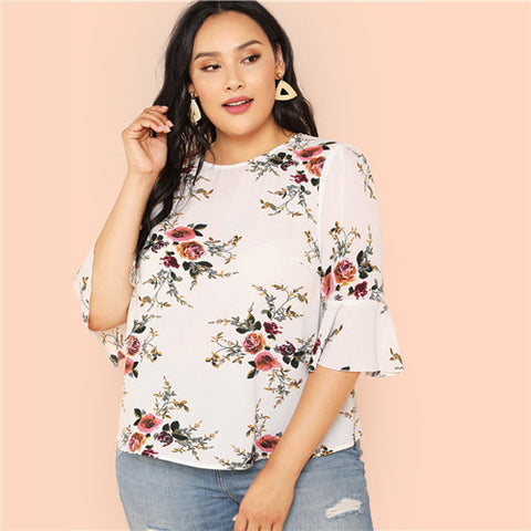 Floral Print Ruffle Sleeve O Neck Plus Size Elegant White Blouse Women Casual Three Quarter Sleeves Top Shirts
