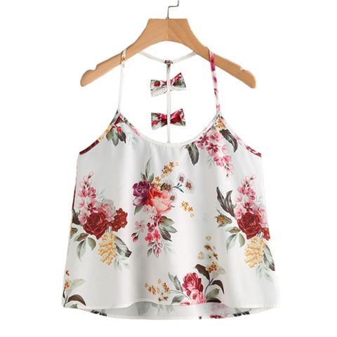 Floral Women Tops Sleeveless Top Women Summer Camisole Top Multicolor Halter Bow Embellished Y-Back Cami Top