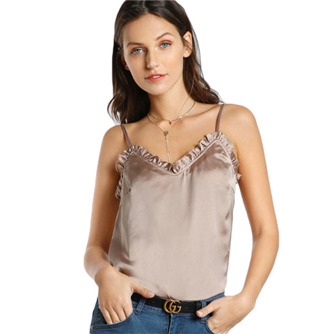 Frill Trim Curved Cami Top Sleeveless Top Apricot V Neck Women Spaghetti Strap Summer Womens Fitness Wear