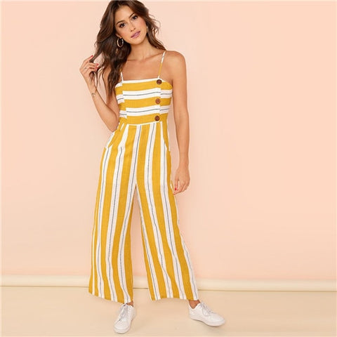 Ginger Striped Wide Leg High Waist Casual Cami Jumpsuit Office Girls 2022 Summer Sleeveless Vacation Jumpsuits Long Pants