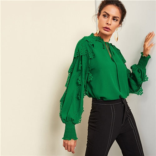 Green Minimalist Highstreet Office Lady Tie Neck Shirred Panel Laser Cut Streetwear Blouse Autumn Women Workwear Shirt Top