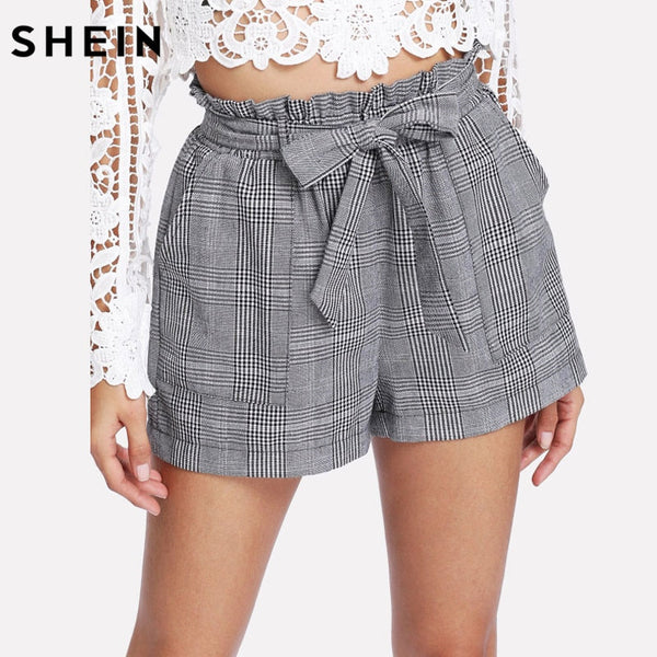 Grey Woman Shorts Spring Summer Straight Leg Botto Mid Waist Casual S Belted Plaid Hot Knot Pocket Shorts