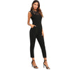 Guipure Lace Yoke Solid Jumpsuit 2022 Plain Black Round Neck Sleeveless Button Pocket Clothing Women Elegant Work Jumpsuit