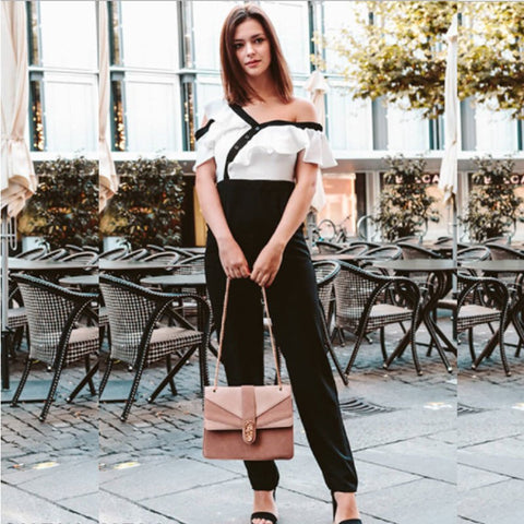 Jumpsuits For Women Black and White Two Tone Flounce Asymmetric Shoulder Tailored Spring Autumn Long Sleeve Jumpsuit