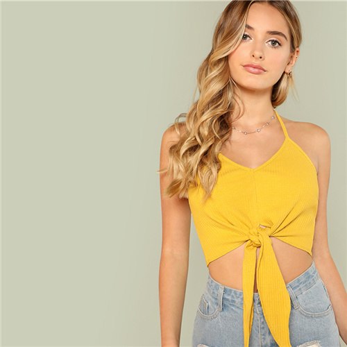 Knot Front Rib Knit Halter Crop Top 2022 Summer Halter Top Crop Cami Woman Ginger BackLess Sexy Vest