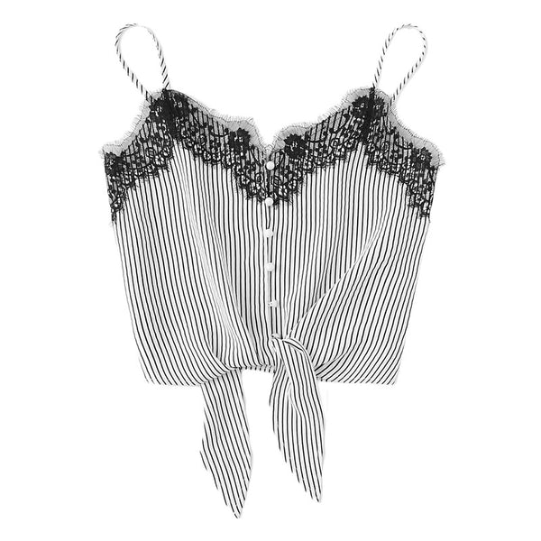 Lace Knot Front Striped Cami Top Women New Asymmetrical Spaghetti Strap Button Crop Top Vest 2022 Summer Sexy Vest