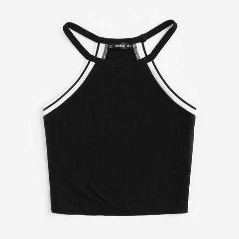 Ladies Sexy Tanks Tops Female Black Striped Trim Halter Top Summer Crop Tops Active Wear Women Slim Fit Tank Tops
