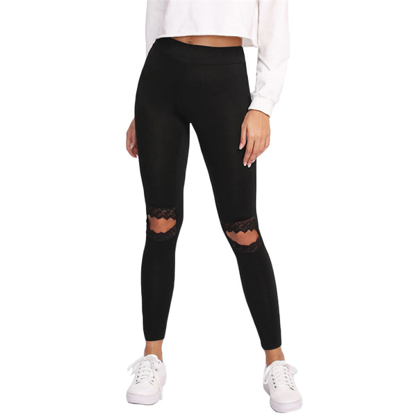 Leggings Women Fitness Knee Cut Out Embroidered Mesh Insert Leggings Black Contrast Lace Workout Leggings