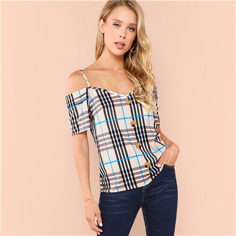 Multicolor Casual Minimalist Backless Cold Shoulder Button Up Plaid Spaghetti Strap Shirt Summer Women Tops And Blouses