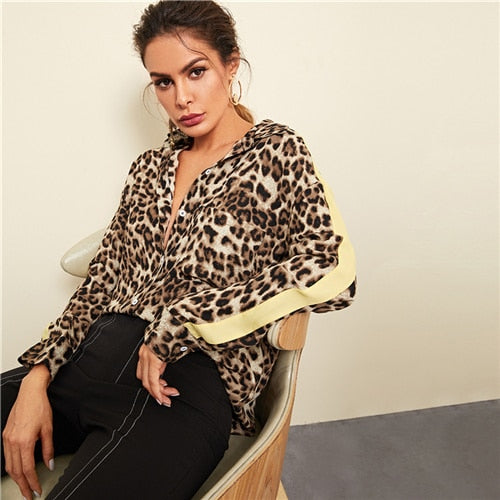Multicolor Office Lady Elegant Single Pocket Leopard Print Highstreet Shirt Modern Lady Autumn Women Tops And Blouses
