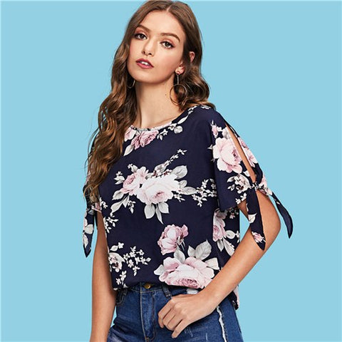 Multicolor Split Knot Sleeve Floral Print Top Vacation Casual Short Sleeve Blouse Women Going Out Summer Shirt Top