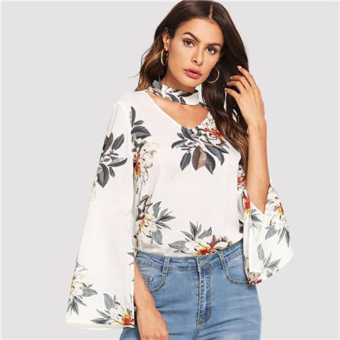 Multicolor Vacation Bohemian Beach Floral Print Cut V Neck Split Sleeve Pullovers Blouse Autumn Women Casual Shirt Top