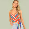 Multicolor Vacation Boho Bohemian Beach Backless Surplice Neck Knot Side Striped Cami Crop Top Summer Women Sexy Vest