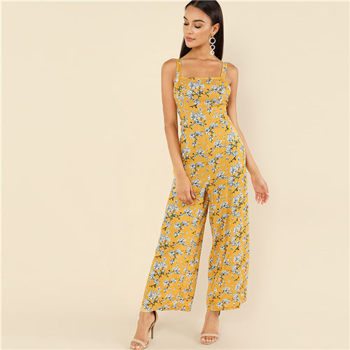 Multicolor Vacation Boho Bohemian Beach Backless Thick Strap Floral Print High Waist Jumpsuit Summer Women Sexy Jumpsuit