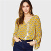 Multicolor Vacation Boho Bohemian Beach Bell Sleeve Tassel Lace Up Floral Print V Neck Blouse Autumn Casual Shirt Top