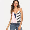 Multicolor Vacation Boho Bohemian Beach Colorblock Mixed Striped Print Double V Neck Cami Top Summer Women Sexy Vest