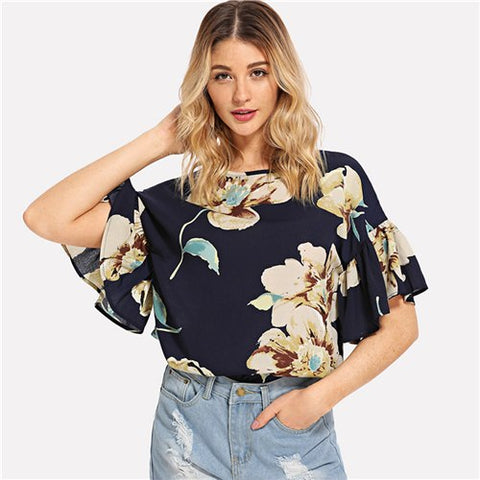 Multicolor Vacation Boho Bohemian Beach Floral Print Ruffle Sleeve Keyhole Back Blouse Summer Women Casual Shirt Top