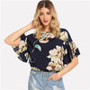 Multicolor Vacation Boho Bohemian Beach Floral Print Ruffle Sleeve Keyhole Back Blouse Summer Women Casual Shirt Top