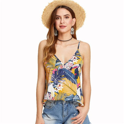 Multicolor Vacation Boho Bohemian Beach Floral Tropical Mixed Print Backless Double Deep V Neck Summer Women Cami Top
