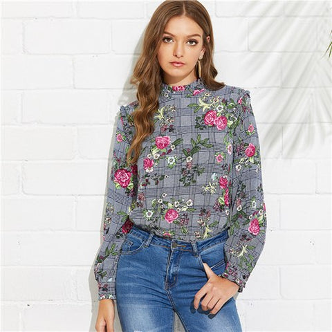 Multicolor Vacation Boho Bohemian Beach Frill Detail Floral And Plaid Stand Collar Blouse Autumn Women Holiday Shirt Top