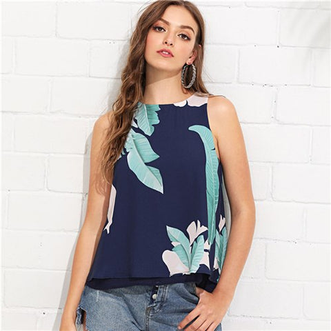 Multicolor Vacation Boho Bohemian Beach Slit Layered Back Tropical Print Round Neck Tank Top Summer Women Casual Vest