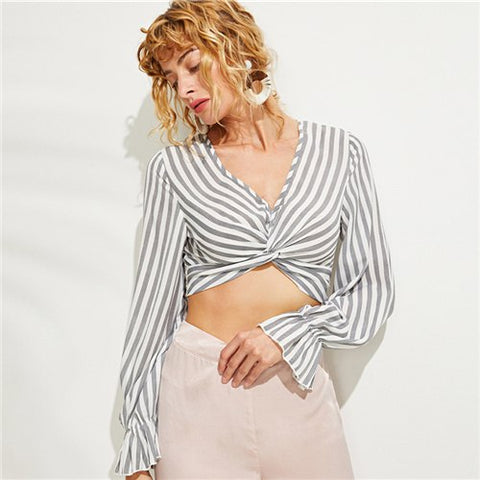 Multicolor Vacation Boho Bohemian Beach Twist Bell Sleeve Striped V Neck Casual Crop Shirt Summer Women Tops And Blouses