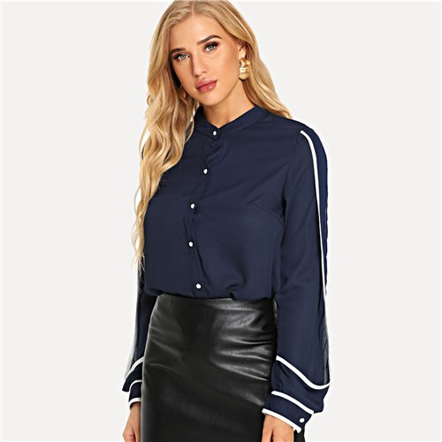 Navy Contrast Binding Curved Hem Shirt Elegant Button Stand Collar Long Sleeve Blouse Women Workwear Autumn Shirt Top