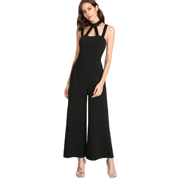 Party Jumpsuits for Women Black Halter Sleeveless Zipper Back Mid Waist Caged Front Solid Wide Leg Jumpsuit