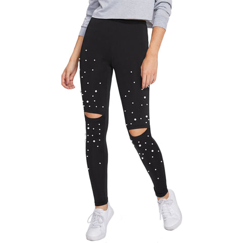 Pearl Beading Knee Open Leggings Fitness Women Black Cut Out Womens Workout Leggings Casual Autumn Winter Leggings
