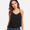 Pearl Embellished Cami Top 2022 Summer Womens Sleeveless Top Black V Neck Women Spaghetti Strap Regular Fit Wear
