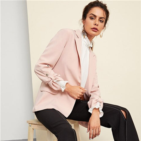 Pink Office Lady Elegant Notched Collar Roll Tab Sleeve Highstreet Blazer Modern Lady Autumn Women Minimalist Blazers