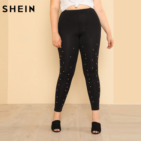 Plus Size Pearl Beading Black Leggins Fitness High Waist Elastic Leggings Eyelet Lace Insert Elegant Skinny Pants