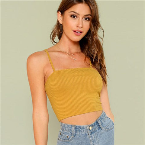 Rib Cami Crop Top 2022 Summer Spaghetti Strap Solid Vest Women Mustard Party Sexy Vest