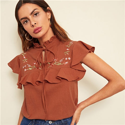 Rust Tie Neck Floral Embroidered Ruffle Top Elegant Casual Frill Stand Collar Shirt Womem Cotton Summer Blouse