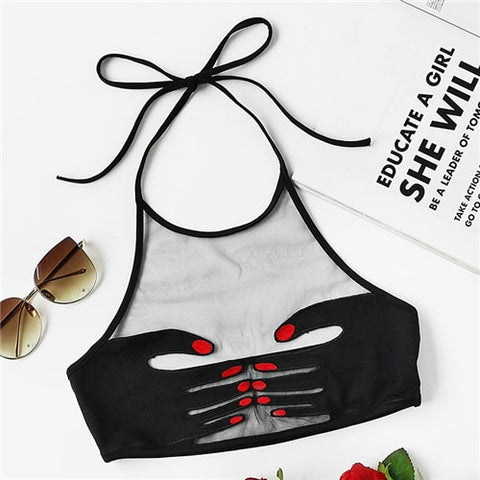 Sexy Girls Bralette Crop Top Underwear Women Nails Hand Patch Halter Neck Mesh Bralette Black Women Sexy Bra